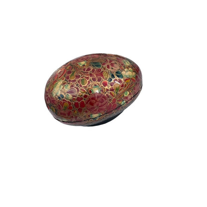 Floral Egg Kashmir India Boudoir Jewelry Ring Box Hand Painted Paper Mache Vtg