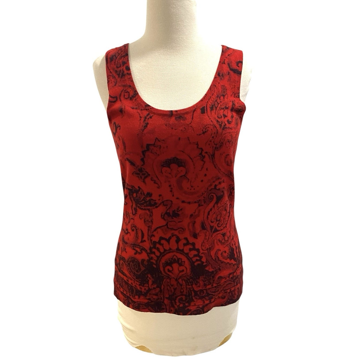 100% Cashmere Red Sleeveless Sweater Tank Top Black Floral Design