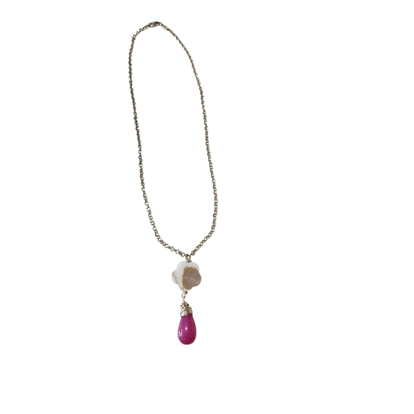 Goldtone Pendant Necklace Pink Teardrop Multi tone Flower Preppy