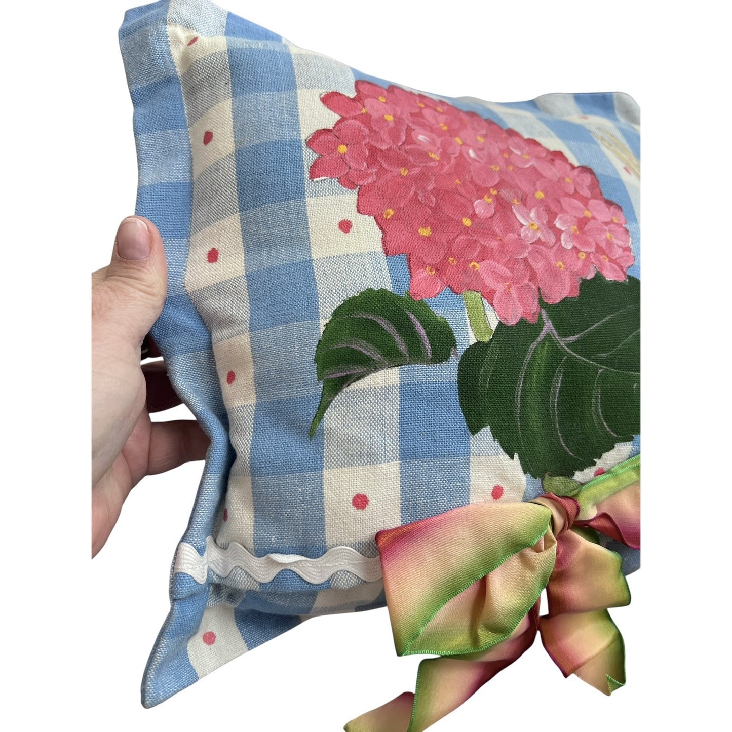 Hydrangea Blue Check 11" x 11" Handpainted Pillow Preppy Spring Floral Southern