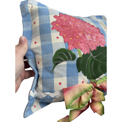 Hydrangea Blue Check 11" x 11" Handpainted Pillow Preppy Spring Floral Southern
