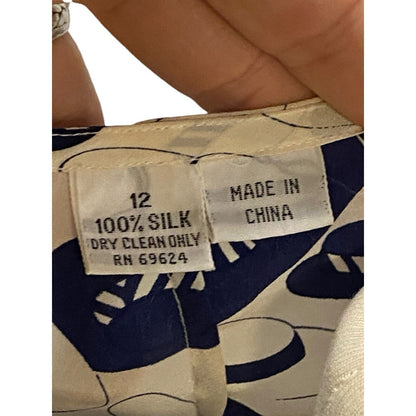 Size 12 Womens 100% Silk Blue Hat Print Fun Pullover Blouse Travel Wear Malouf’s