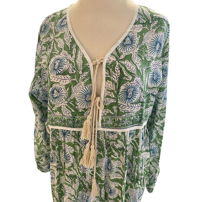 Size XL Karni Cotton Green And Blue Floral Printed Boho Maxi Dress