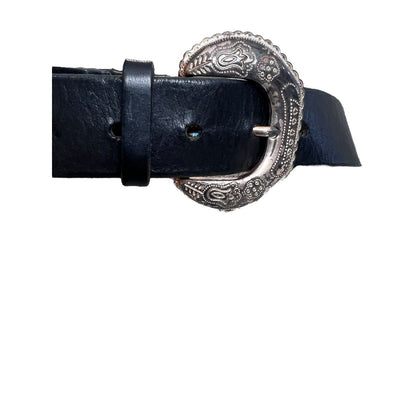 Size Large Black Western Wide Leather Belt Horse Silvertone Buckle