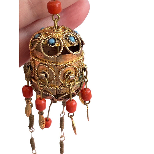 Red Coral Handmade Pendant Necklace Brass Tone Tibetan Style Jewelry Turquoise