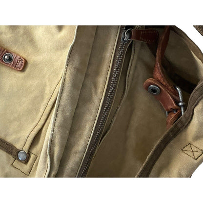 TSD Brand Forest Flap Crossbody Messenger Bag Tan Canvas Brown Leather Trim