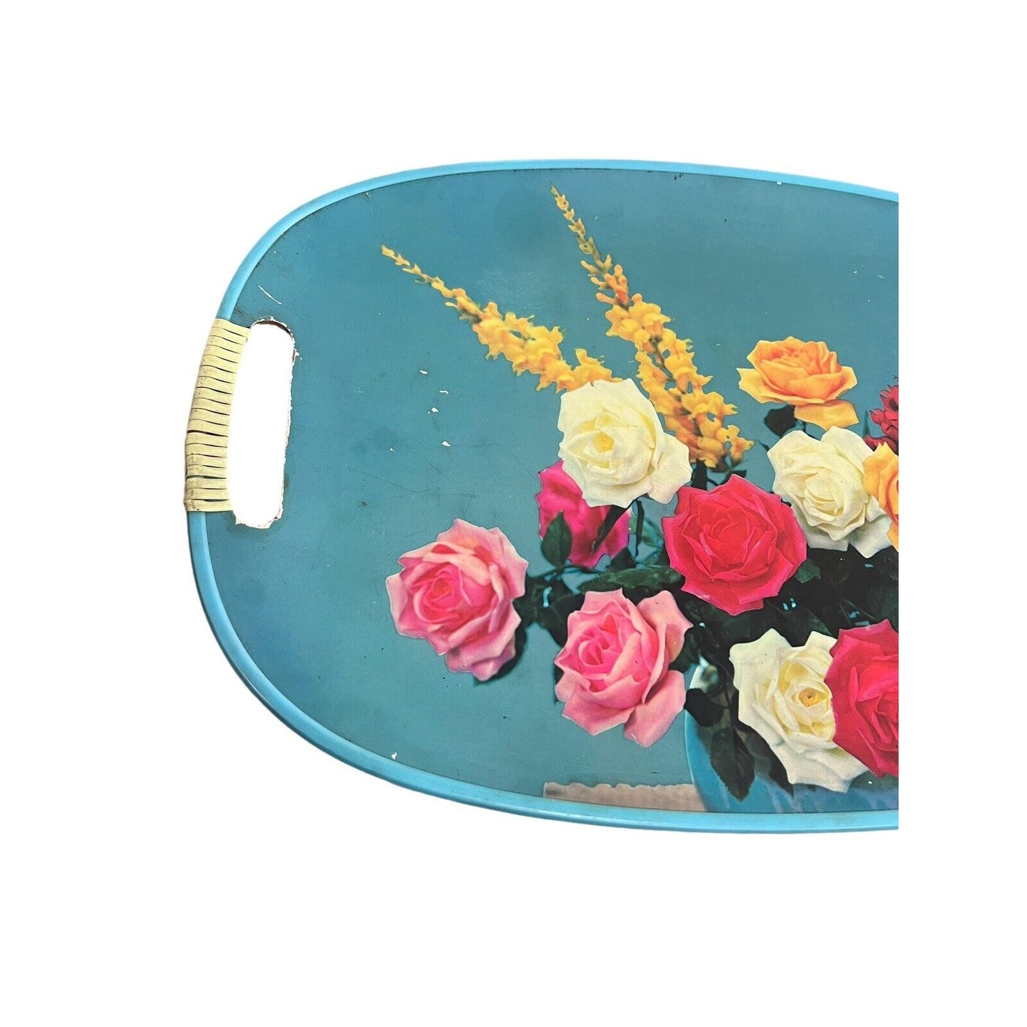 Vintage Serving Tray MCM Floral Roses Wrapped Handles Bouquet Bright Japan