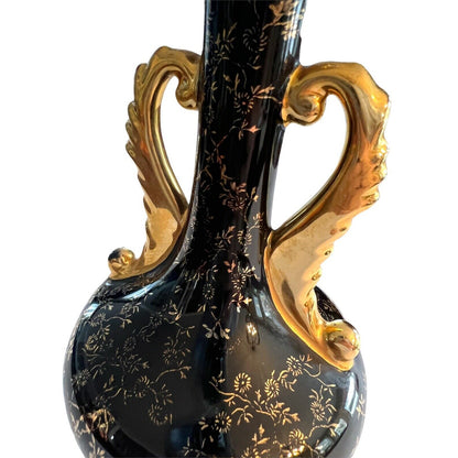 Painted Flowers Double Handled Black Vase With Gold