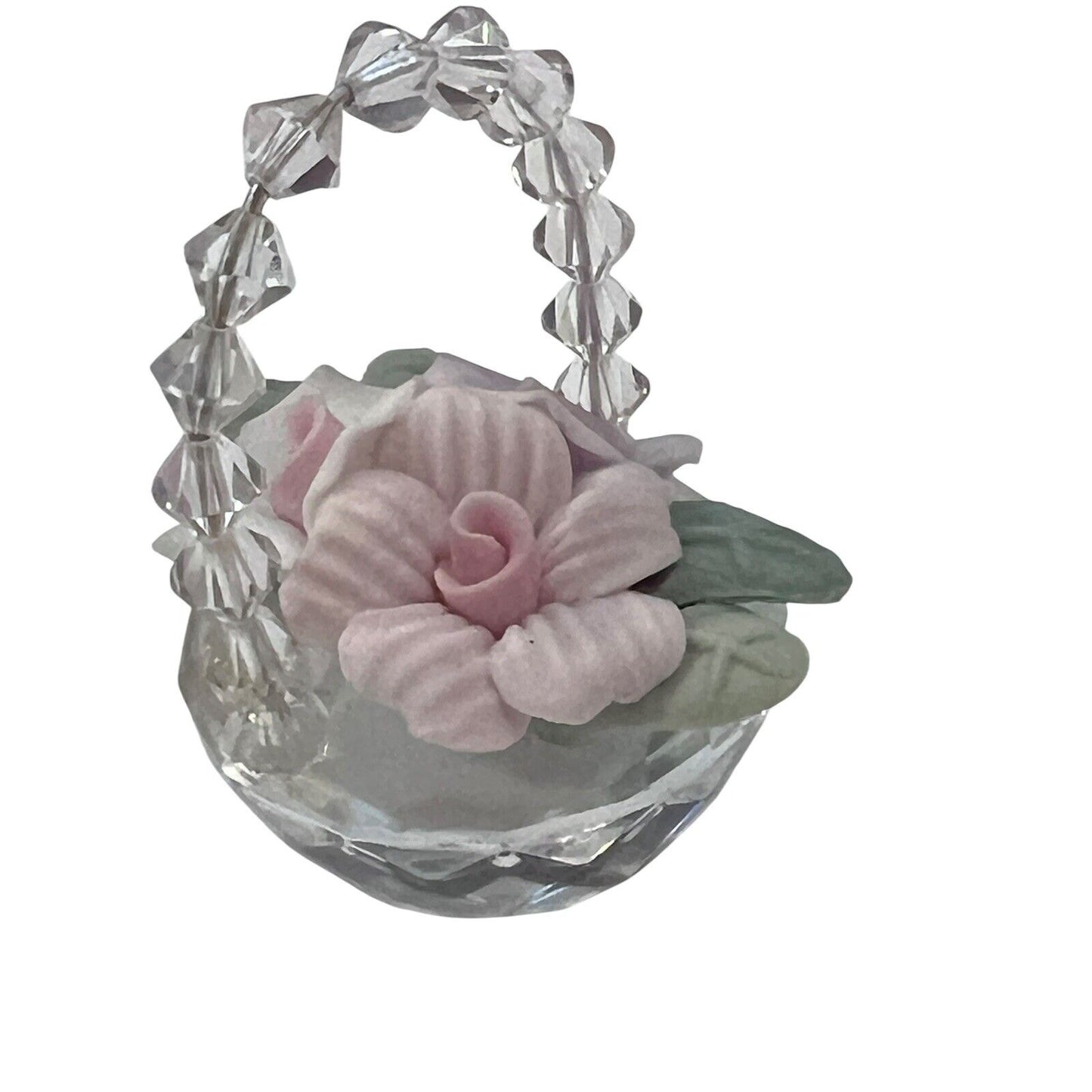 Miniature Crystal Basket Porcelain Roses Pink Purple Spring Easter