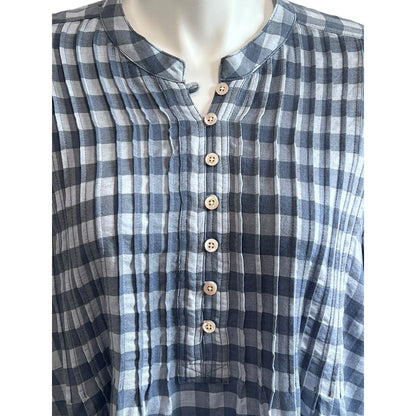 Wrap London Womens Blouse Top Size 14 Blue Check Pleated Tunic Balloon Sleeve