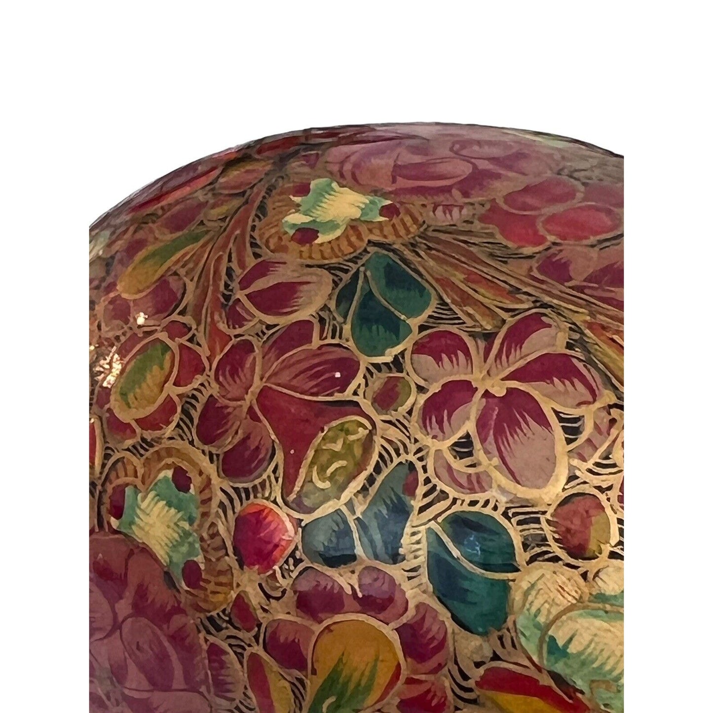 Floral Egg Kashmir India Boudoir Jewelry Ring Box Hand Painted Paper Mache Vtg