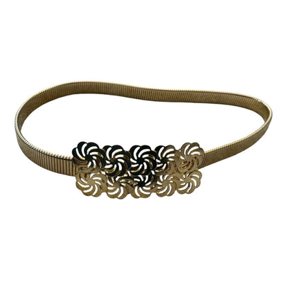 Ornate Buckle Stretch Metal Gold Tone Belt Vintage 27.5” X 5/8” Resting