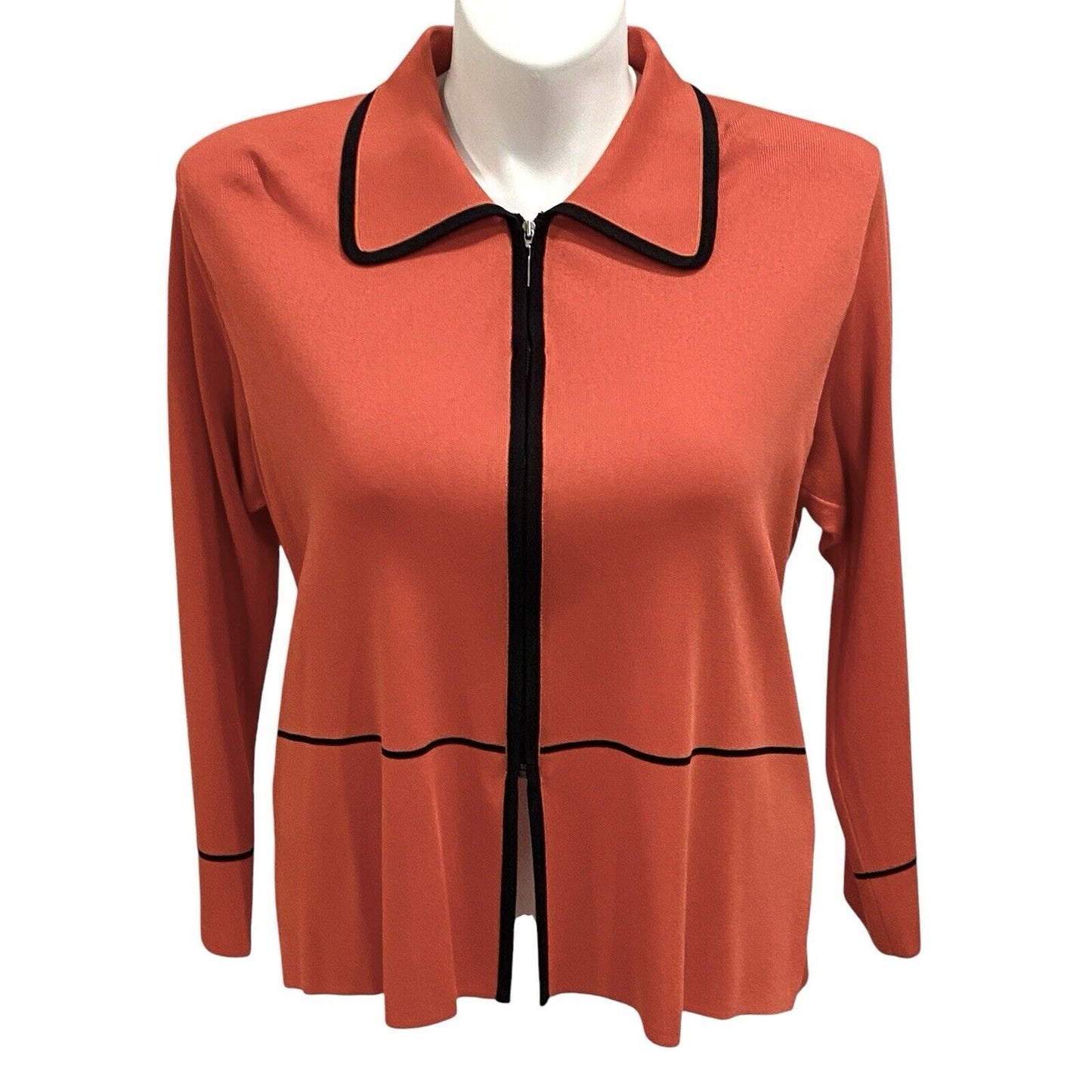 L Exclusively Misook Cardigan Jacket Women’s Coral Orange Zip Black Trim