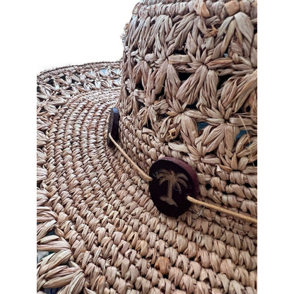Women's Scala Crochet Straw Raffia 4" Brim Sun Floppy Hat Palmetto Tree Beads