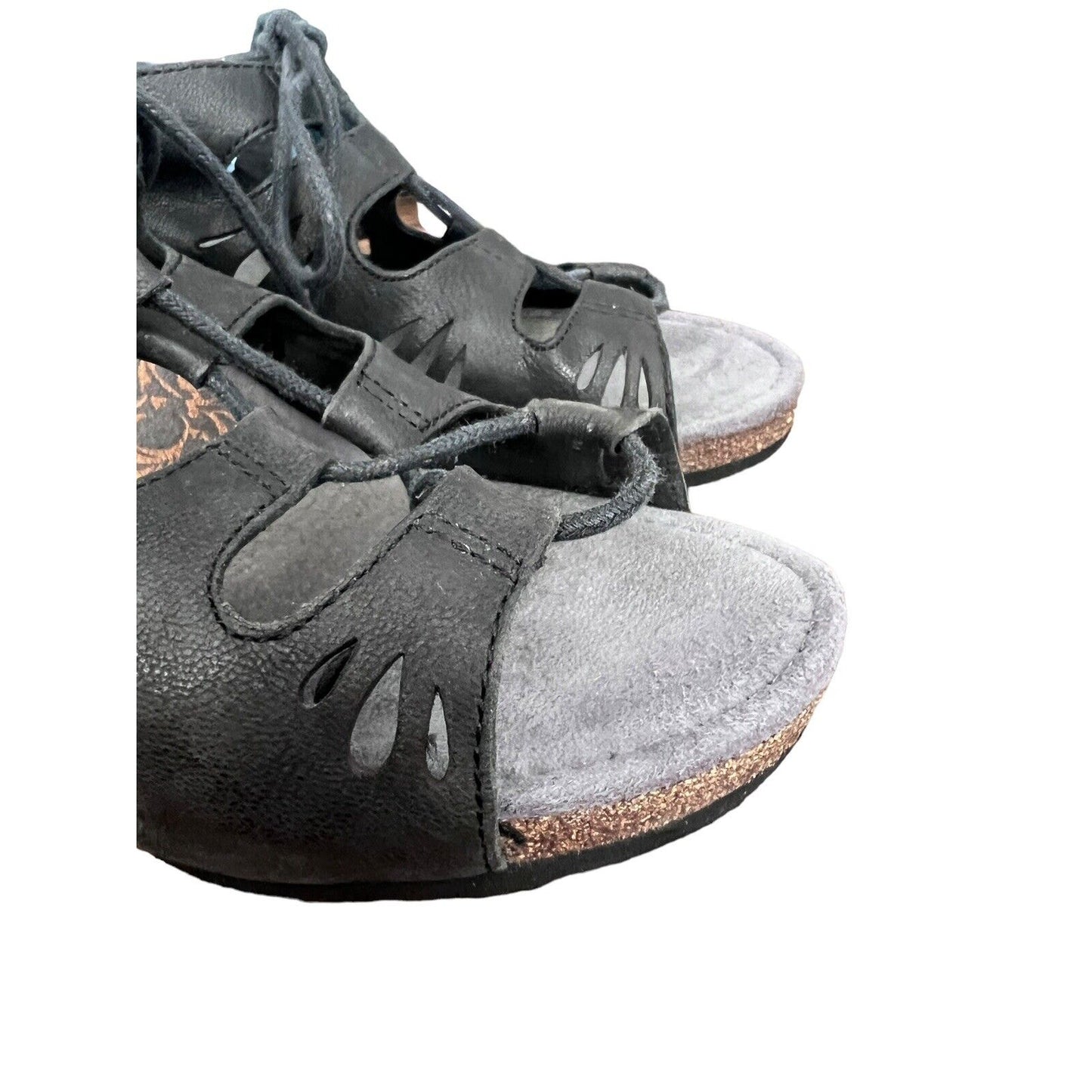 AETREX Women's Giselle Black Leather Lace Up Wedge Sandals Cut Outs Sz 10/41