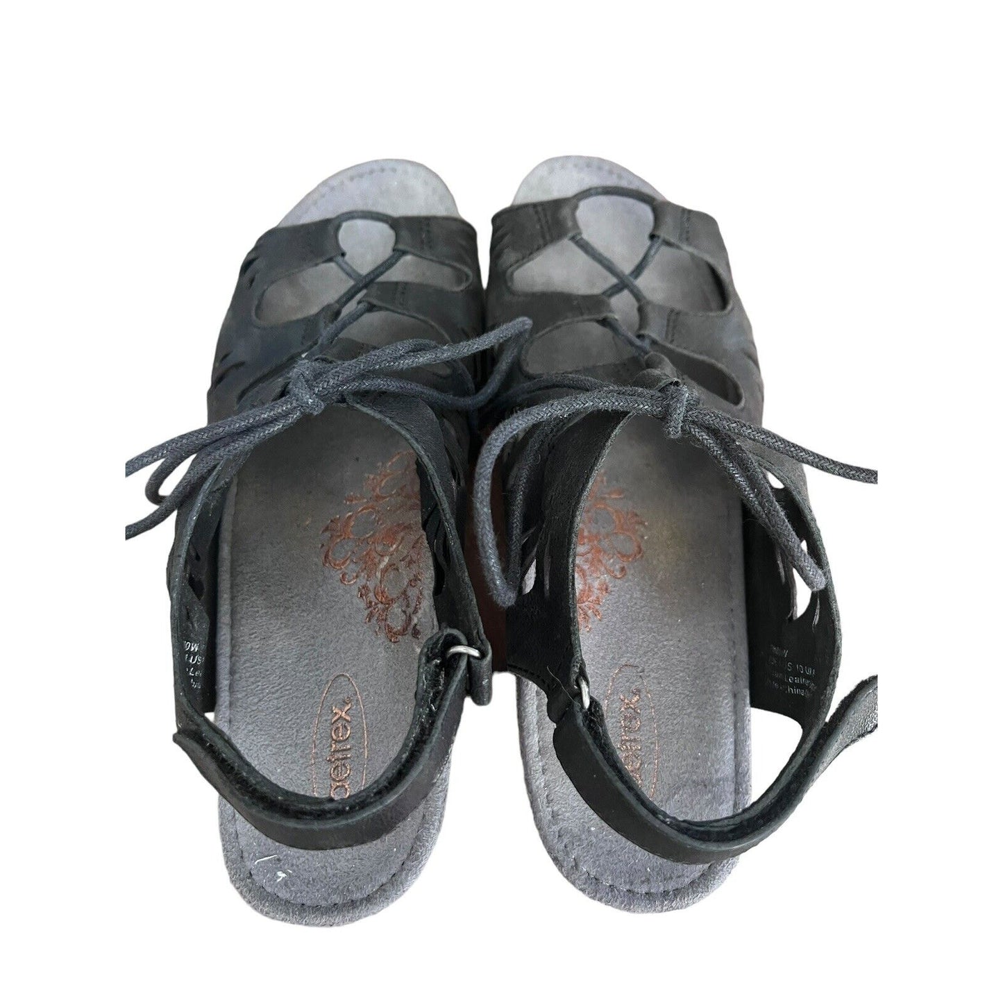 AETREX Women's Giselle Black Leather Lace Up Wedge Sandals Cut Outs Sz 10/41