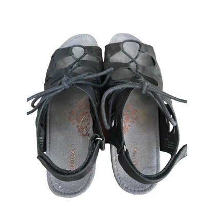 AETREX Women's Giselle Black Leather Lace Up Wedge Sandals Cut Outs Sz 10/41