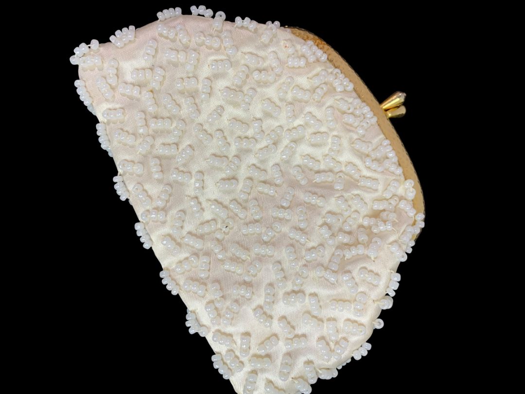Vintage Golden Name Beaded White Change Purse Hinged Clasp Hong Kong