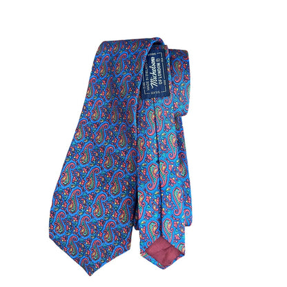 Michelsons Of London Men’s Silk Burgundy Tie Blue Paisley Bright Flowers 55x2.75