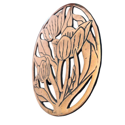 Vintage Cast Iron Copper Plated Trivet Wall Hanging Tulip Design Oval 1982