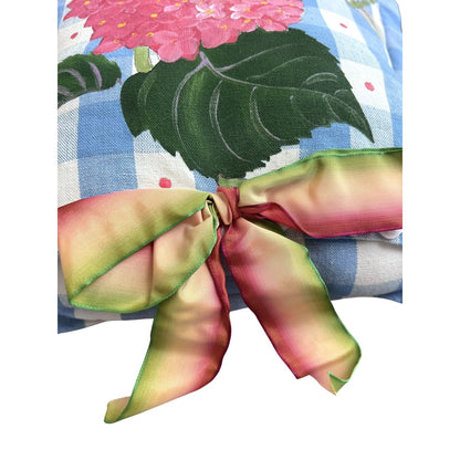 Hydrangea Blue Check 11" x 11" Handpainted Pillow Preppy Spring Floral Southern