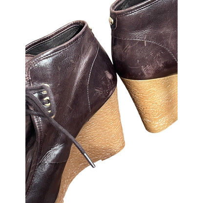Size 7.5 Michael Kors Rory Wedge Booties Brown Leather Ankle Boots Lace Up
