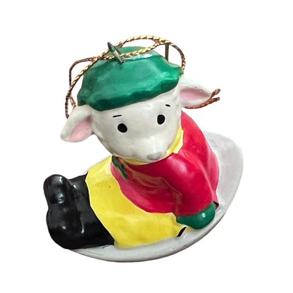 1982 Sheep Sledding Christmas Ornament Midwest Importers Holidays Vintage