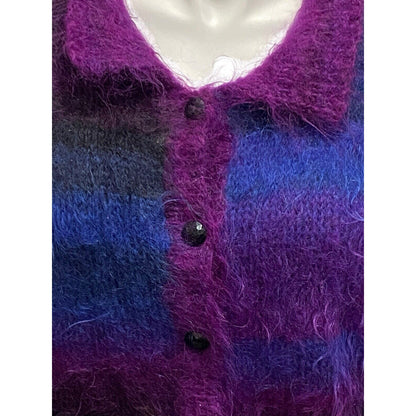 Vintage Handknit Mohair Wool Heather Designs Scotland Purple Blue Sweater Jacket