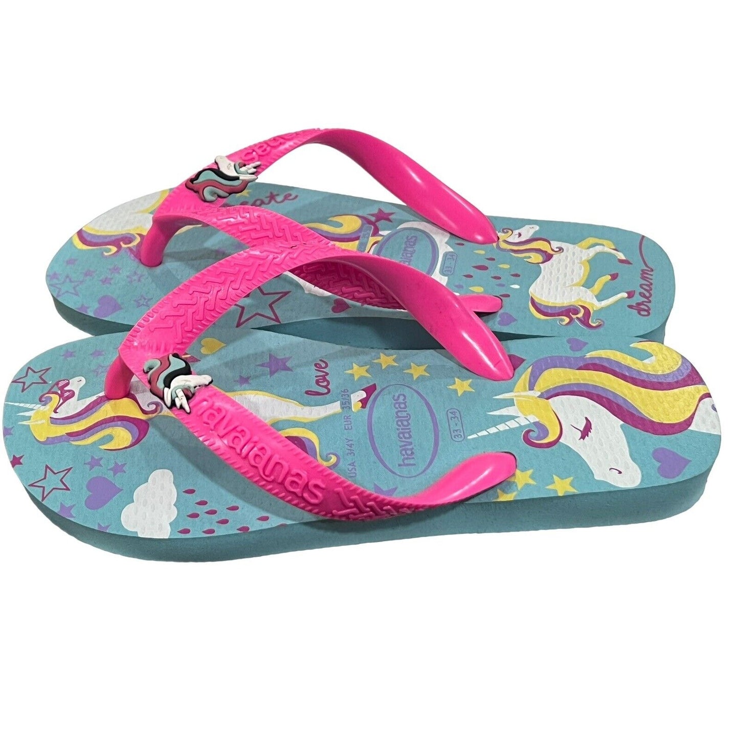 Havaianas Girls Hot Pink Purple Teal Unicorn Flip Flops Sandals Youth Size 3/4