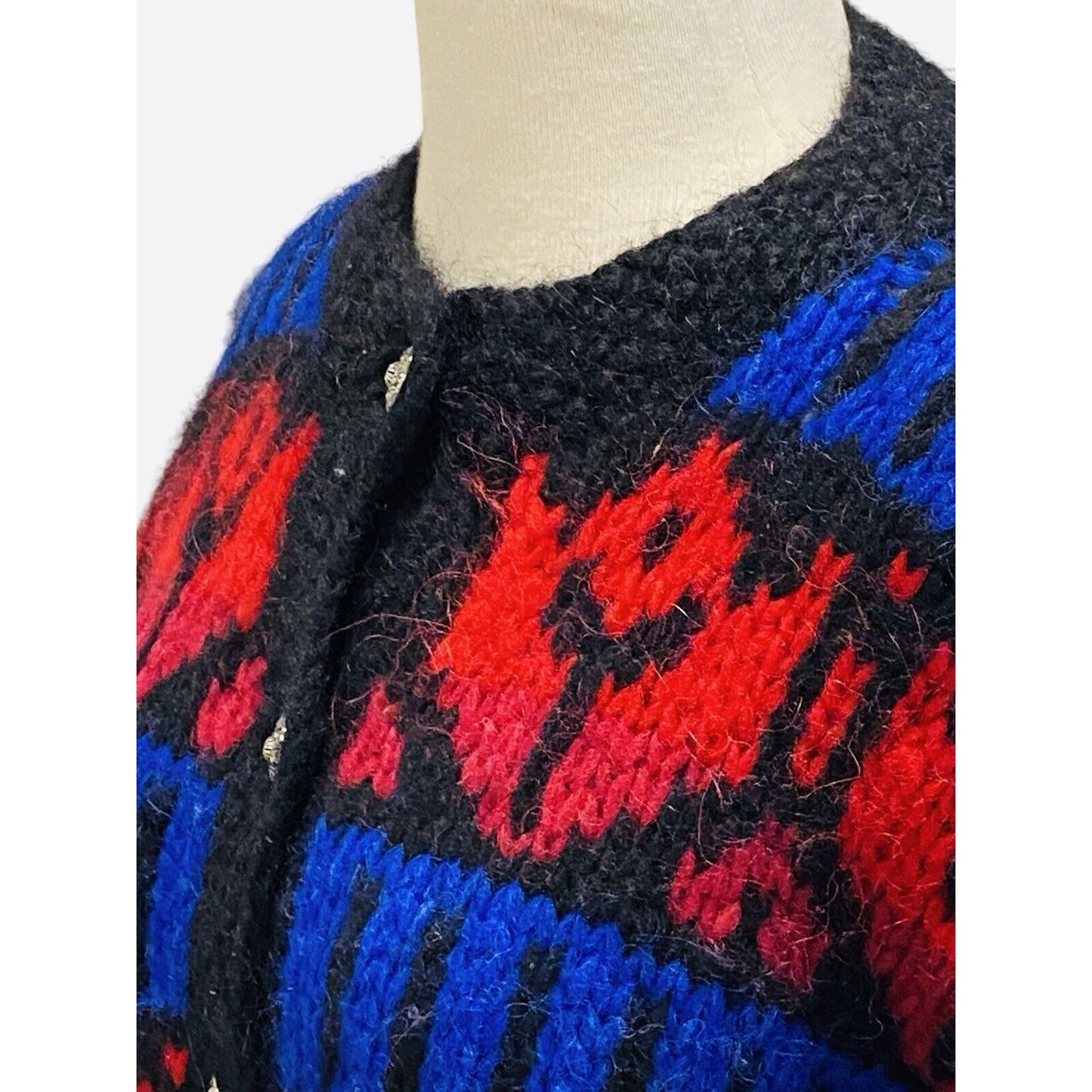 Icelandic Designs Wool Button Sweater Jacket Size Small Nordic Red Blue Back