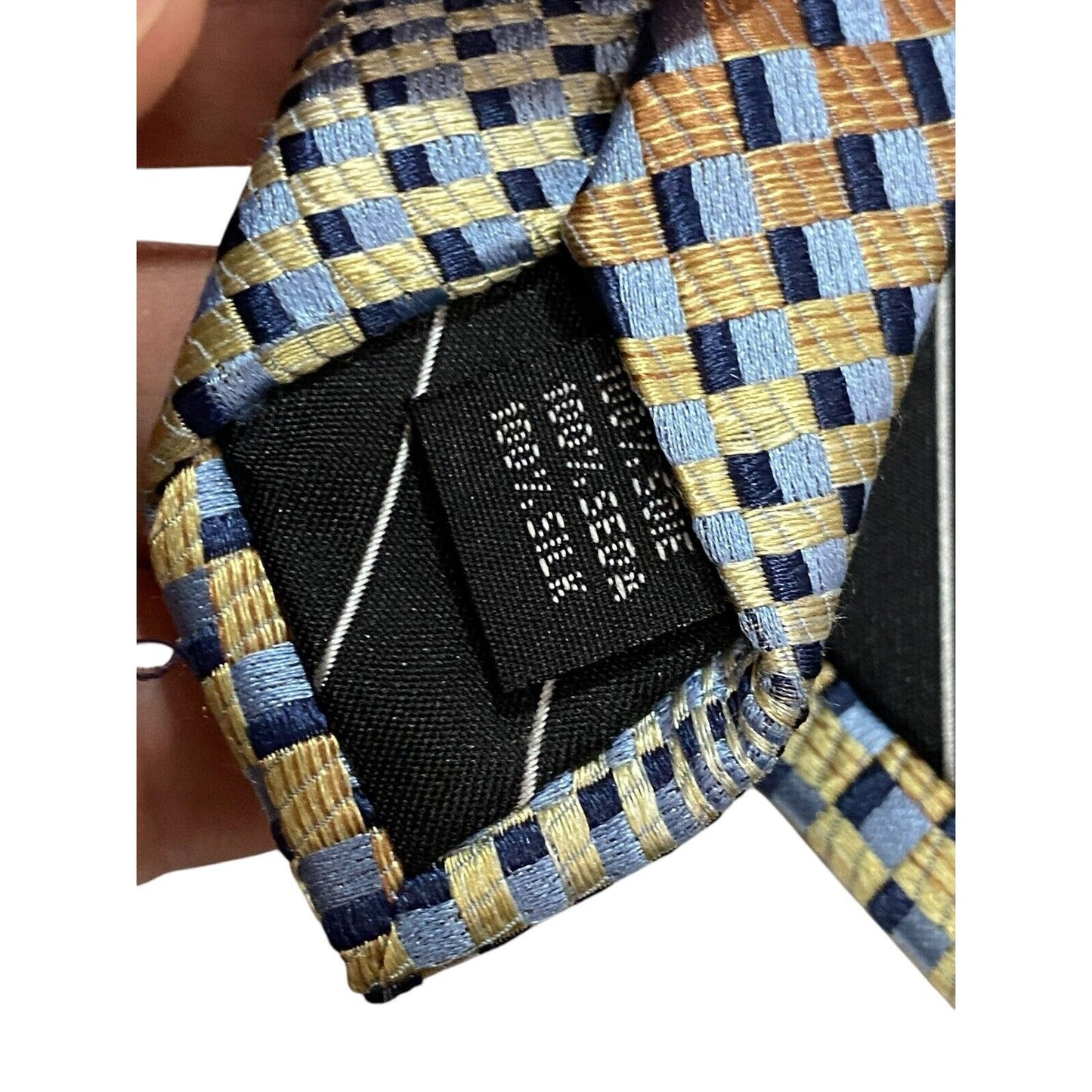 Roberto Villini Geometric Silk Designer Tie Gold Blue Brown EUC