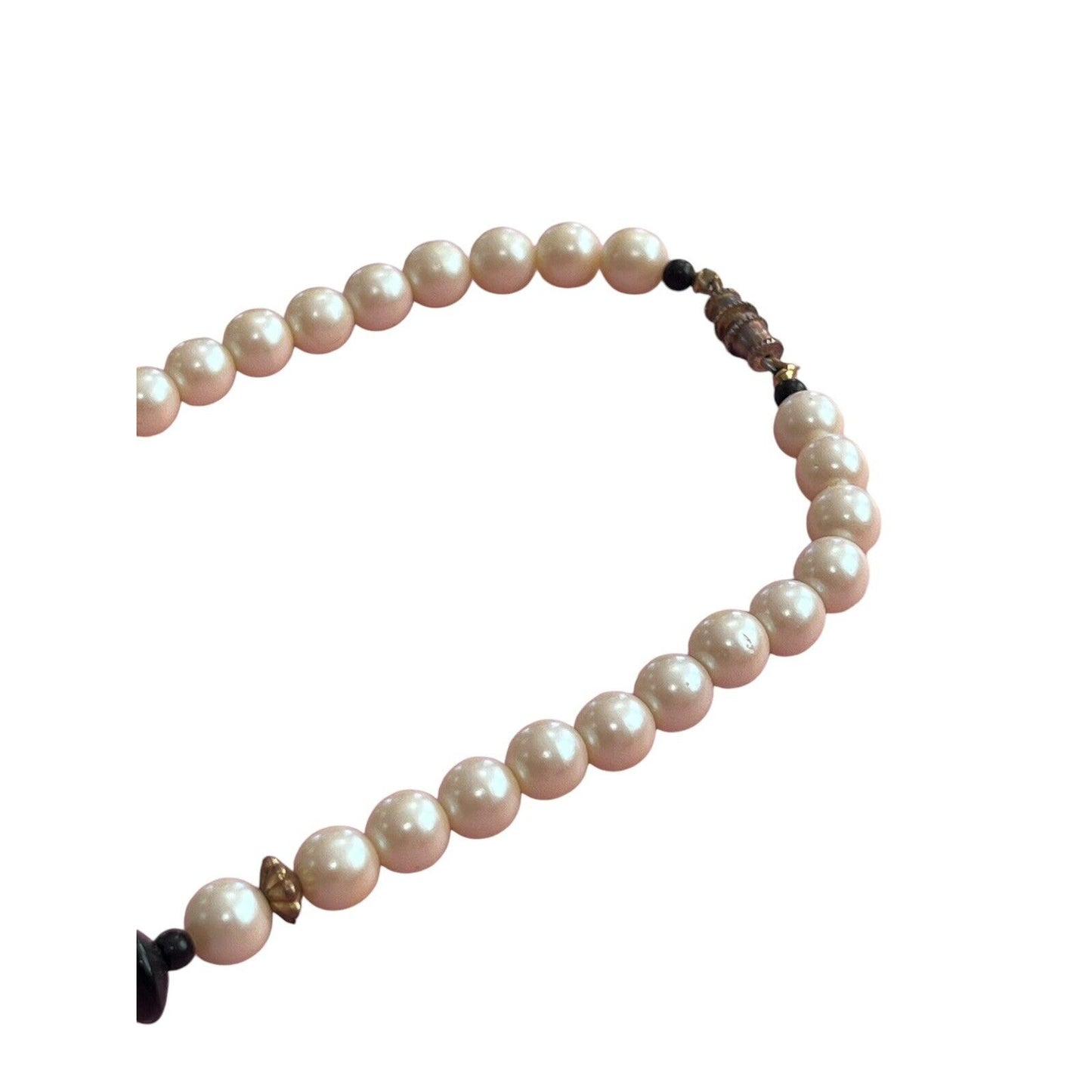 Faux Pearl Beads Black Painted Bird Floral Wood Pendant Strand Necklace Asian 29