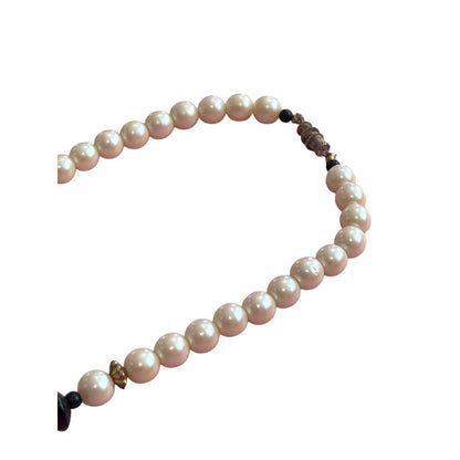 Faux Pearl Beads Black Painted Bird Floral Wood Pendant Strand Necklace Asian 29