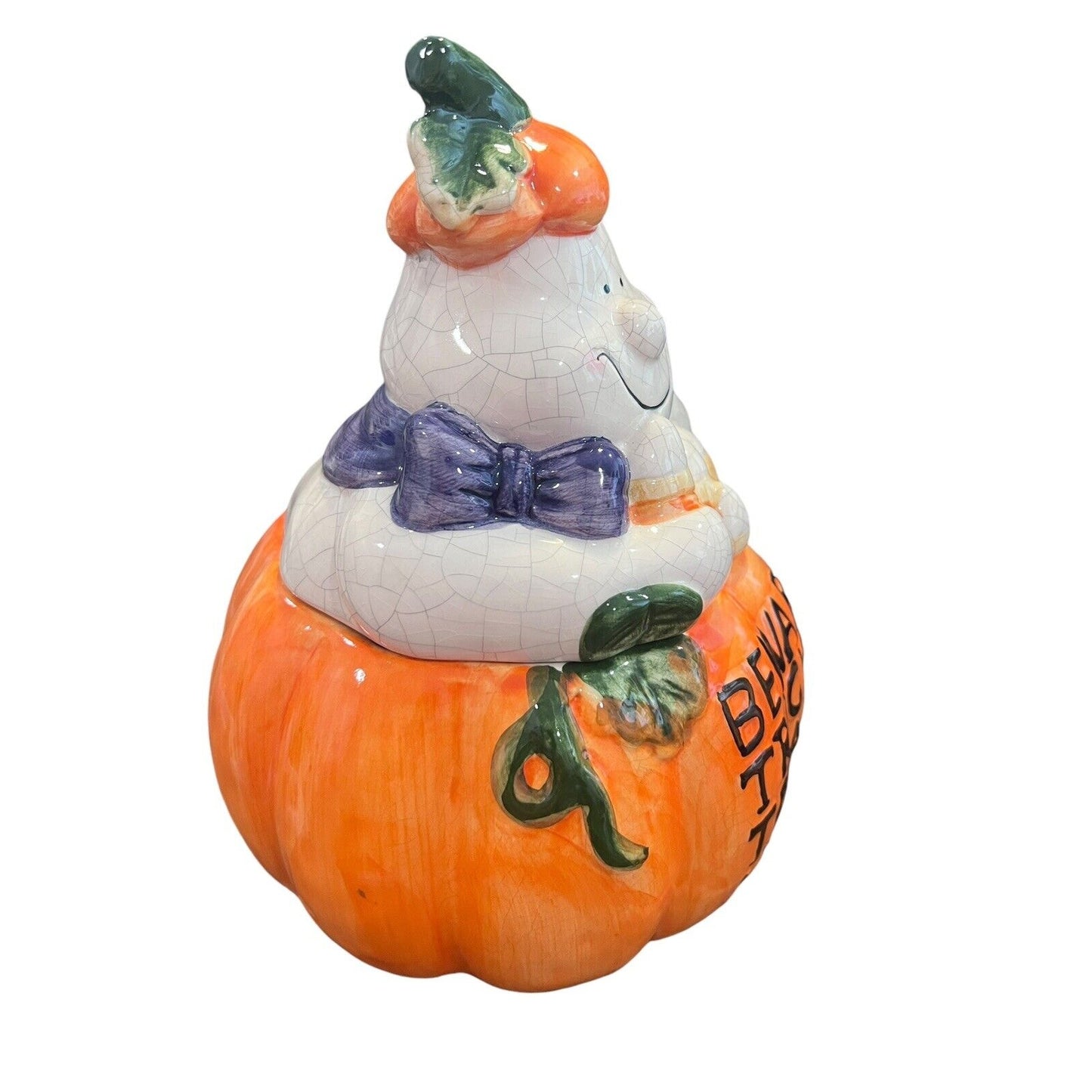 Ceramic Halloween Friendly Ghost Pumpkin Cookie Candy Jar Jack-o-lantern Pumpkin