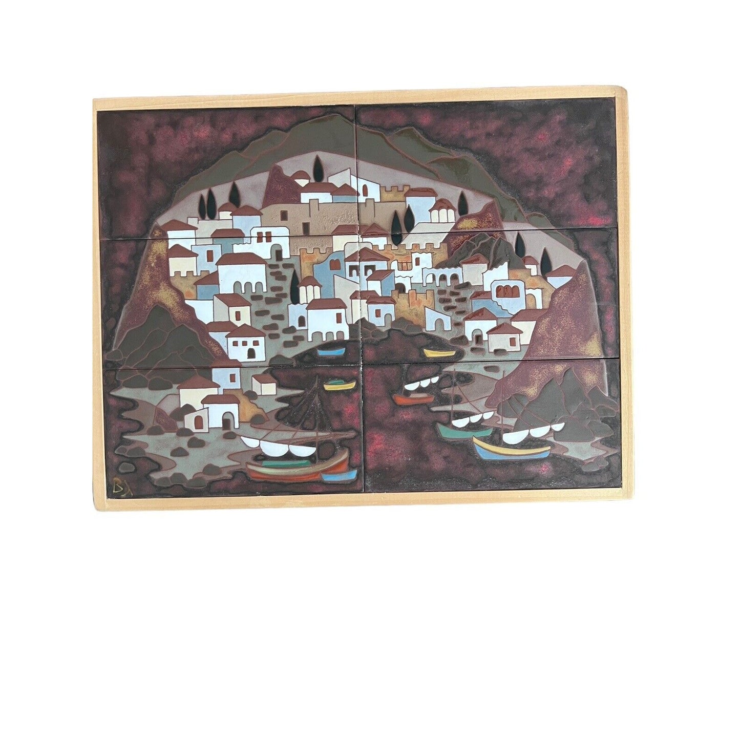 Angelos Tsakirakis Style Greek Framed Wall Art Tile Plaque Terracotta MCM Signed