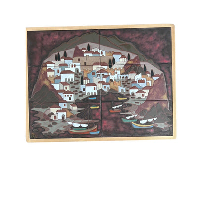 Angelos Tsakirakis Style Greek Framed Wall Art Tile Plaque Terracotta MCM Signed