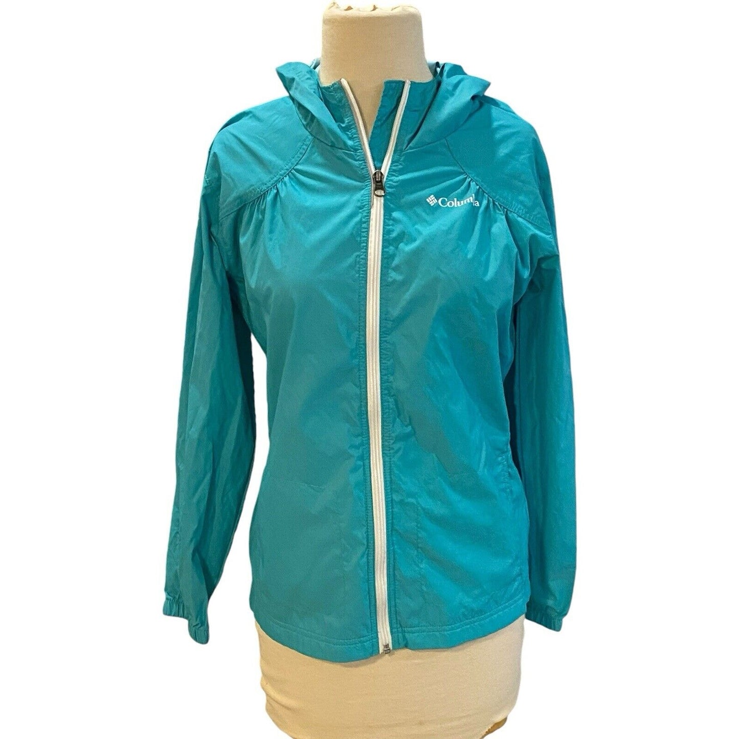 Size Medium Turquoise Blue Columbia Womens Windbreaker Hooded Jacket Full Zip