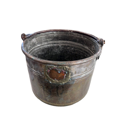 Primitive Copper Mixed Metal Hanging Pot Iron Handle Nice Gold Tone Design Trim