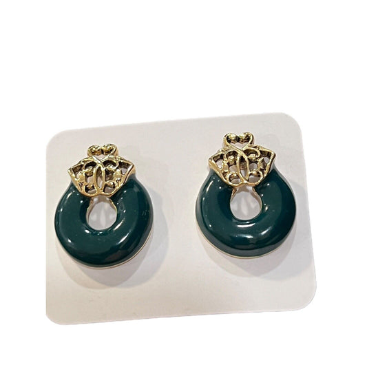 Vintage Gold Tone Door Knocker Green Enamel Round Pierced Fashion Earrings