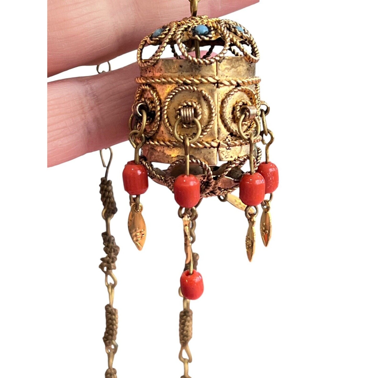 Red Coral Handmade Pendant Necklace Brass Tone Tibetan Style Jewelry Turquoise