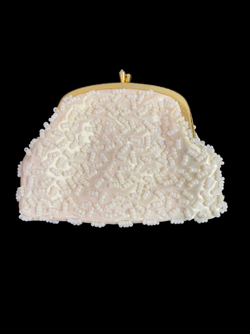 Vintage Golden Name Beaded White Change Purse Hinged Clasp Hong Kong