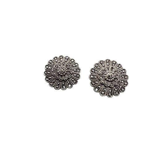 Sterling Silver Round Marcasite Flower Clip On Earrings 3/4”