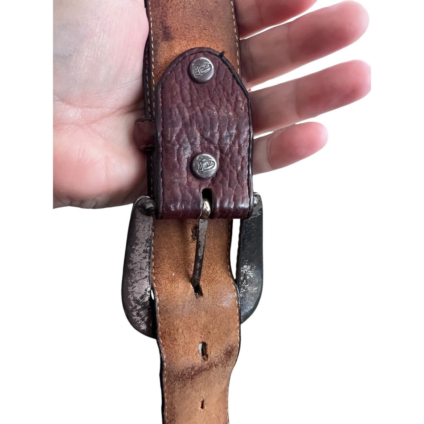 Vintage 1995 JUSTIN Western Black Brown Leather Belt Cowboy Silver Tone Buckle