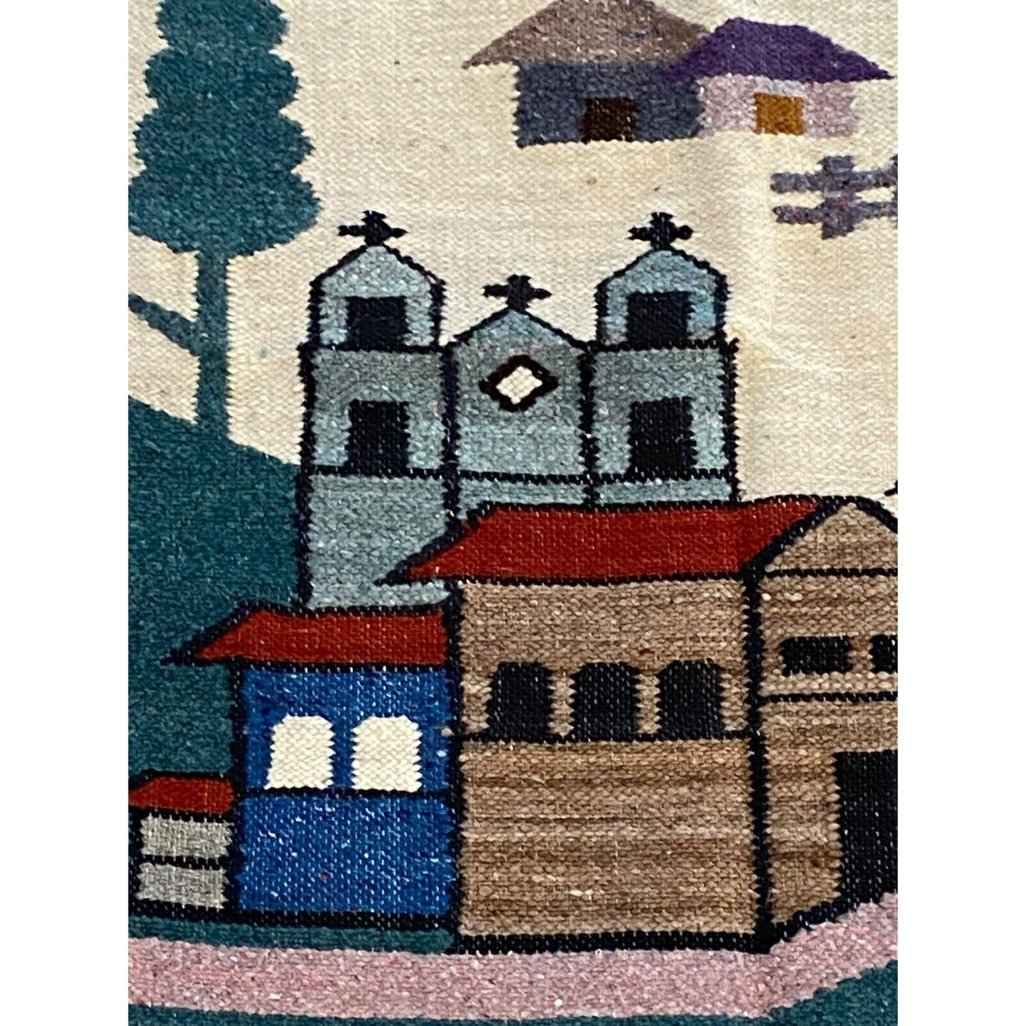 Vintage Hand Woven Tapestry Mountain Church Landscape Wall Hanging FolkArt 35x23