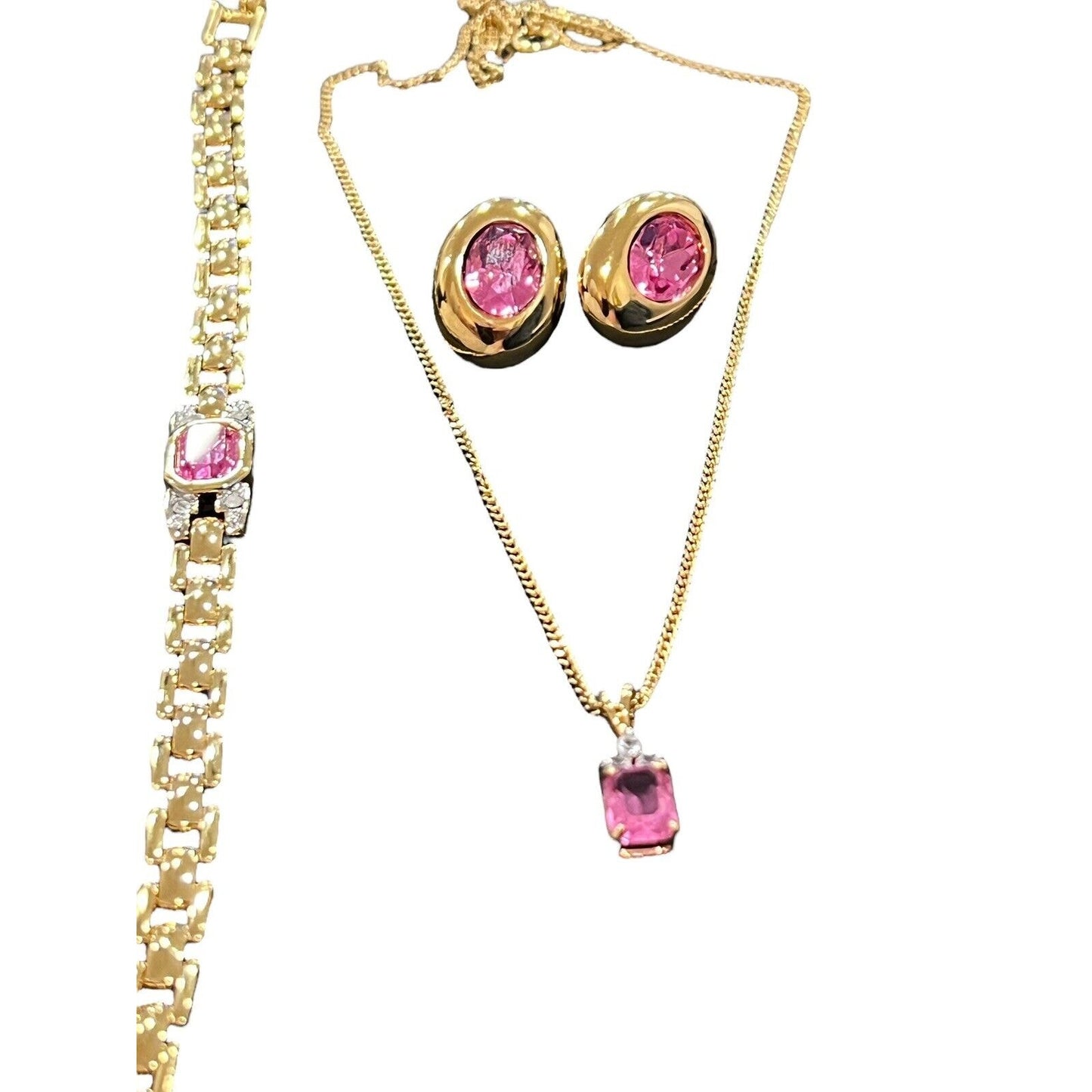 Estate Lot Jewelry Set Gold Tone Pink Gem Necklace Earrings Bracelet Barbiecore