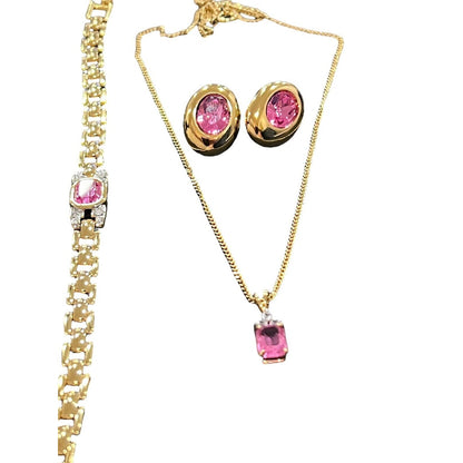 Estate Lot Jewelry Set Gold Tone Pink Gem Necklace Earrings Bracelet Barbiecore