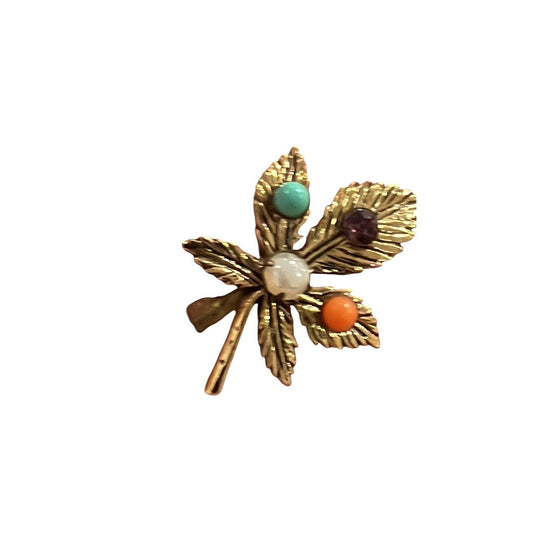 Vintage Gold Tone Leaf Faux Gemstone & Faux Pearl Pin Brooch