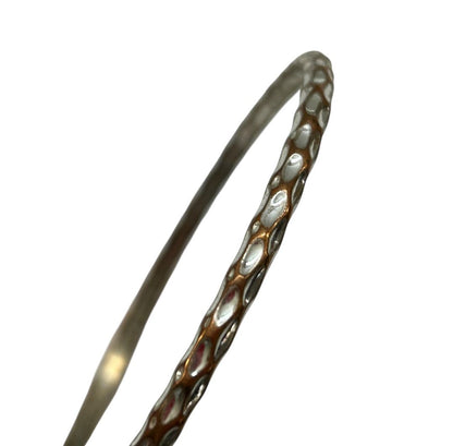 Textured Silvertone and Copper Color Bangle Bracelet 2.6 Inch Inside Diameter