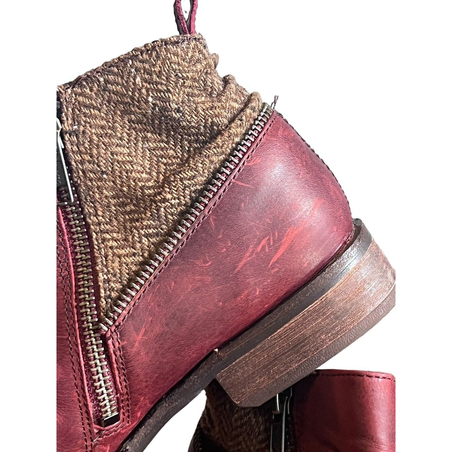 7.5 CAT CATERPILLAR KILEY Maroon Burgundy Leather Tweed Ankle Boots Zip