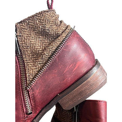7.5 CAT CATERPILLAR KILEY Maroon Burgundy Leather Tweed Ankle Boots Zip